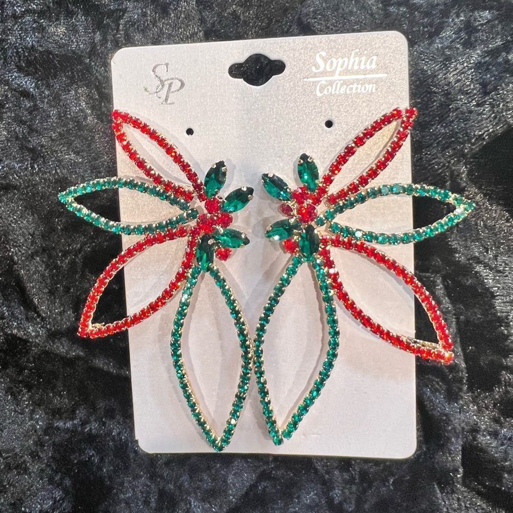 Gorgeous Poinsettia Rhinestone Christmas Holiday Earrings